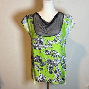 Karaka Design Abstract Print Top with Mesh Neckline size Medium